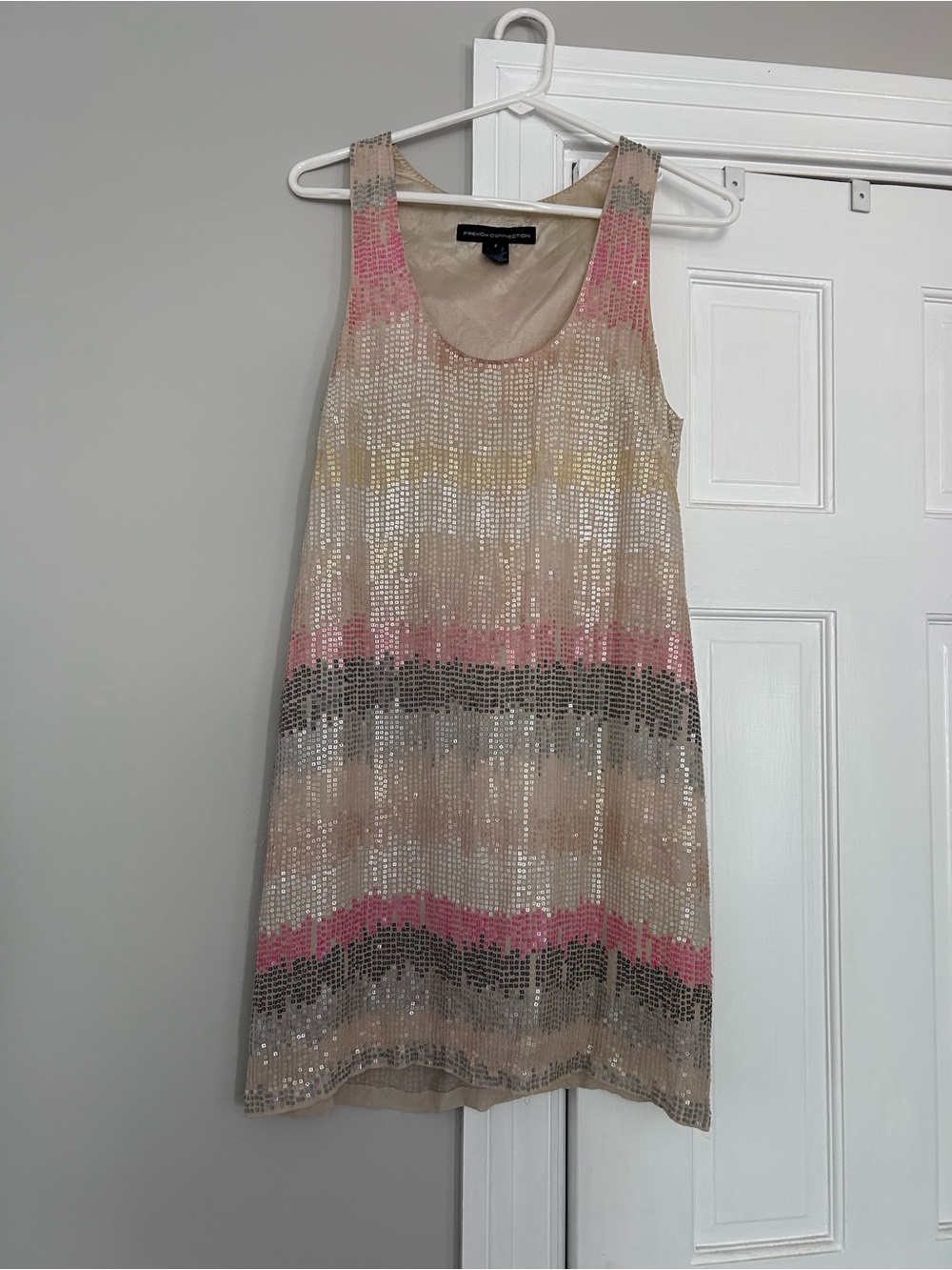 French Connection Pink, Neutral & Silver Sequined Stripe Mini Dress